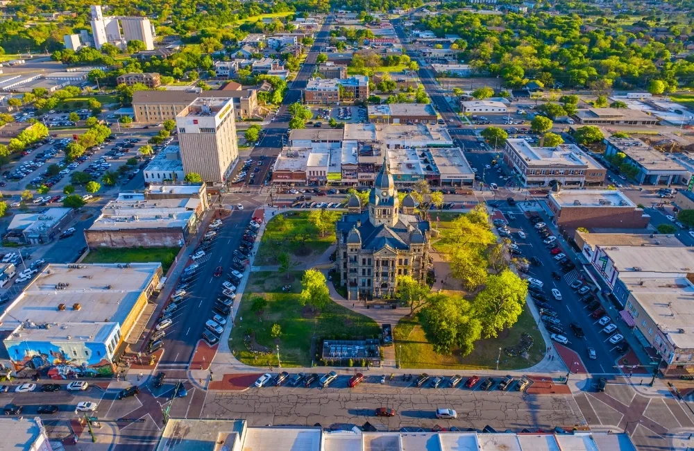 Aerial view of a large commercial roof in Denton, TX